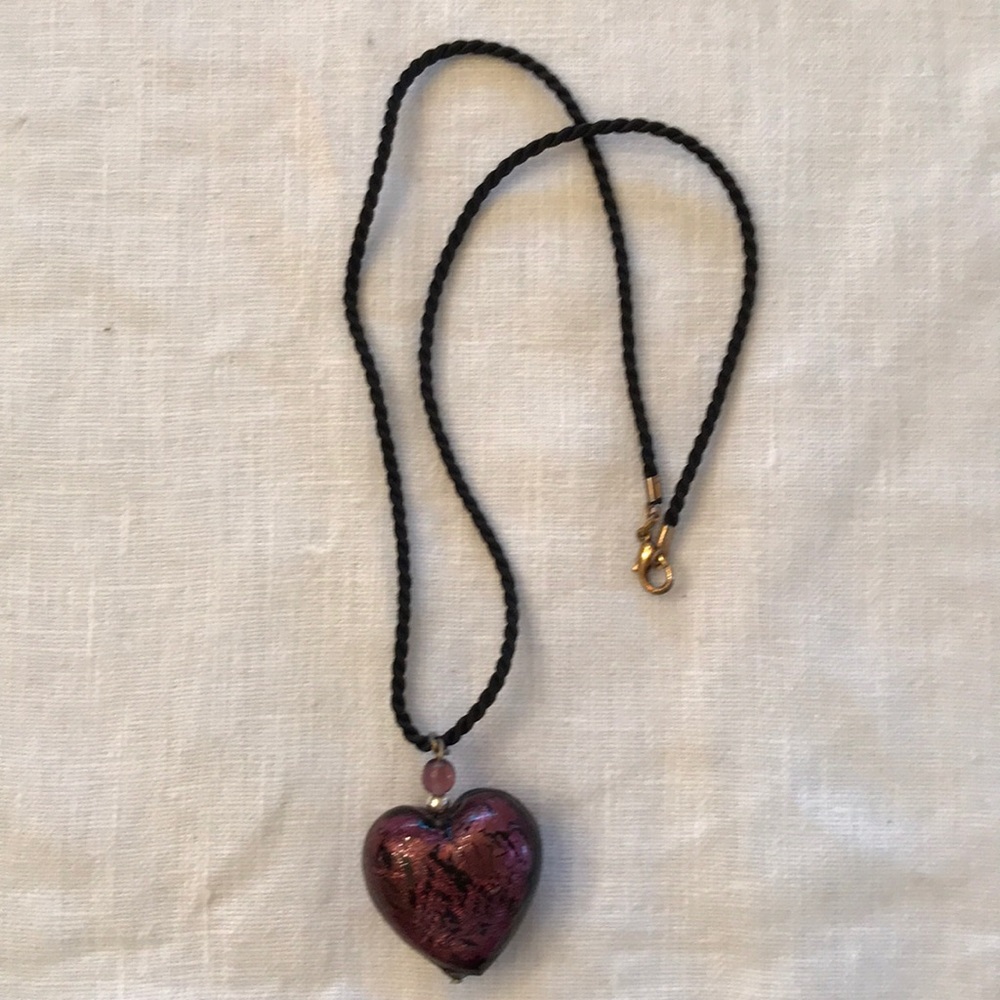 Murano glass Purple Heart on black silk cord